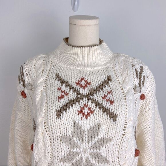 Vtg Handmade Cable Knit Chunky Sweater Cream Womens L CottageCore Western Boho - Picture 9 of 10